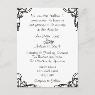 Wedding Invitation Black Corners Swirls on White Postcard