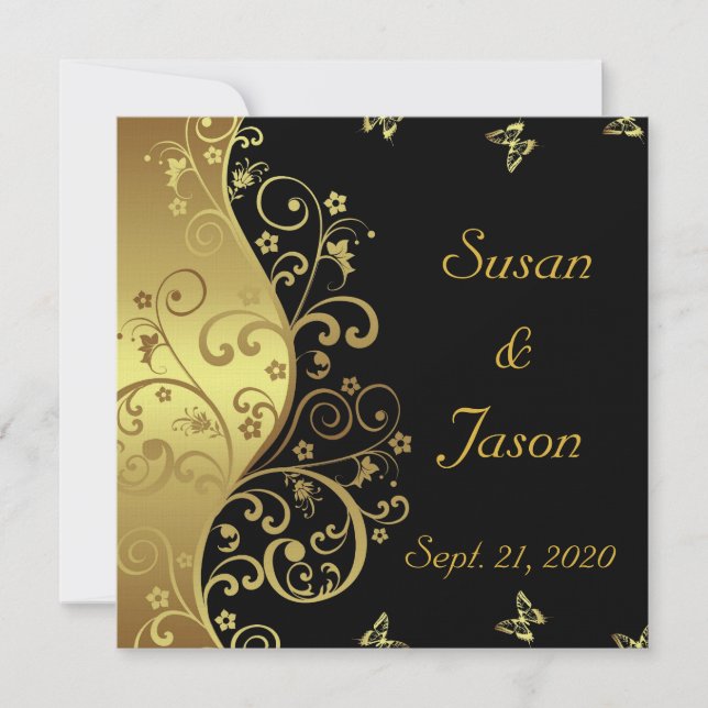 Wedding Invitation--Black & Gold Swirls Invitation (Front)