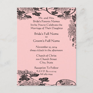 Wedding Invitation Black On Pink Vintage Flowers Postcard