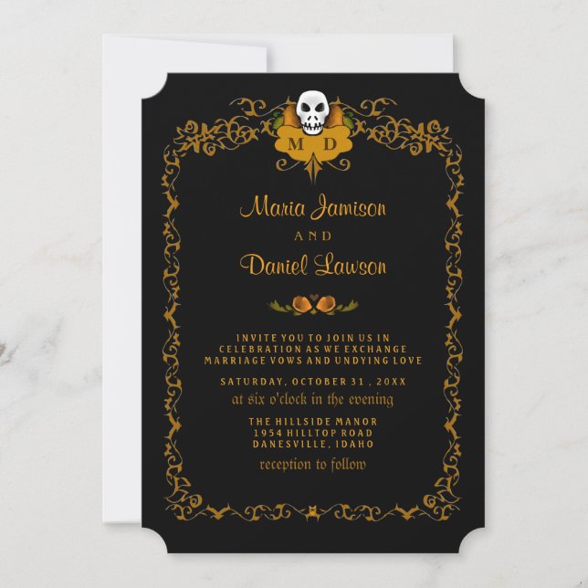 Wedding Invitation - Black & Orange Skull Design (Front)
