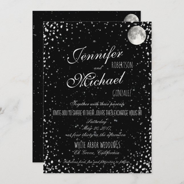 Wedding Invitation | Black Starry Night Moon (Front/Back)