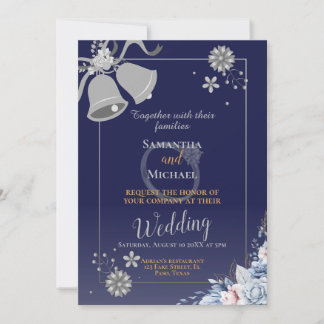 Wedding invitation: blue and silver bell, rsvp, QR Invitation