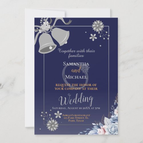 Wedding invitation blue and silver bell rsvp QR Invitation