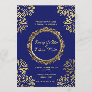 Wedding Invitation Blue Gold Abstract Floral