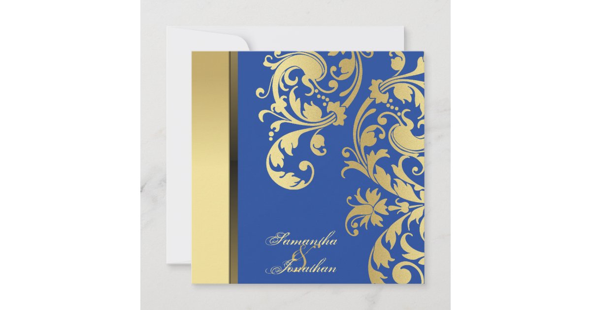 Wedding Invitation Blue Gold Shimmer Floral Swirls | Zazzle