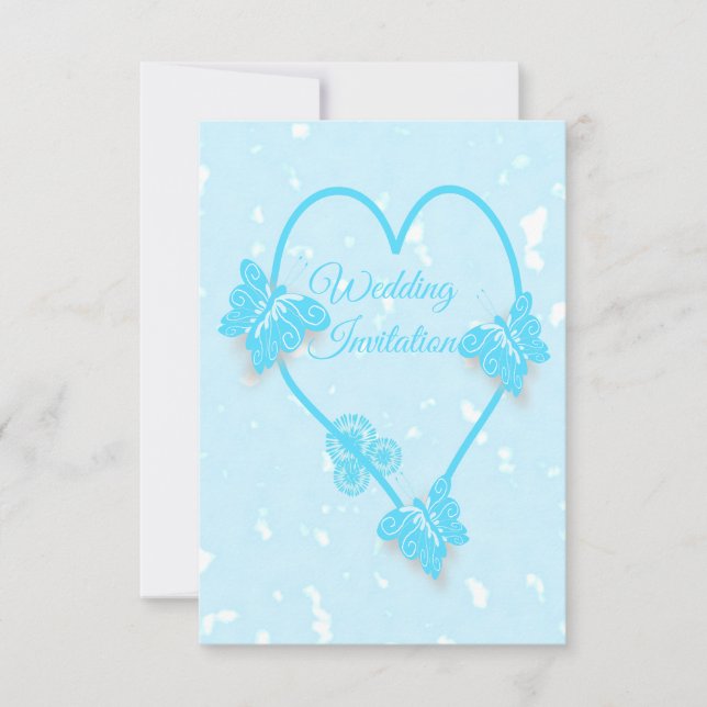 Wedding Invitation Blue Heart And Butterflies (Front)