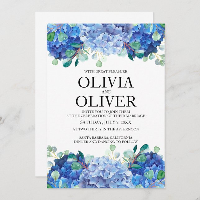Wedding invitation blue hydrangea eucalyptus green (Front/Back)