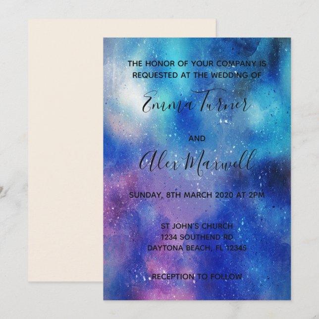 Wedding Invitation | Blue Watercolour Script (Front/Back)