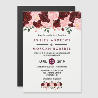 Wedding Invitation: Blush Pink Burgundy Floral Magnetic Invitation