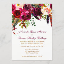Wedding Invitation - Burgundy Floral, Feathers