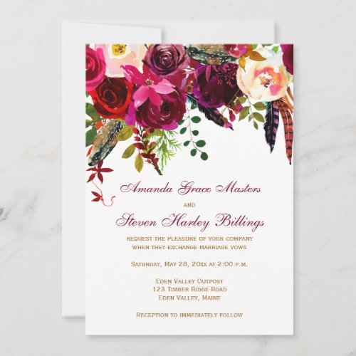 Wedding Invitation _ Burgundy Floral Feathers