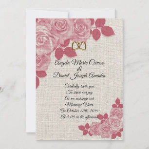 Wedding Invitation Burgundy roses on linen