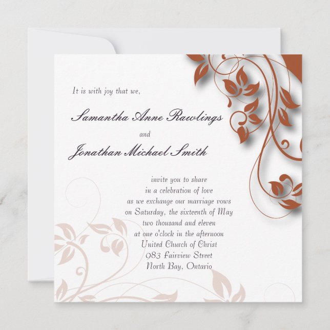 Wedding Invitation Burnt Orange & White Floral (Back)