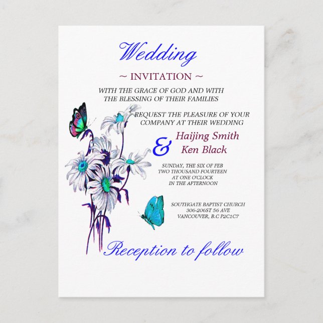 Wedding Invitation Butterflies And A Blue Daisies (Front)
