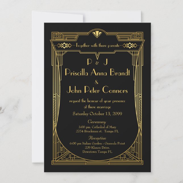 Wedding invitation card,Great Gatsby, black, gold (Front)