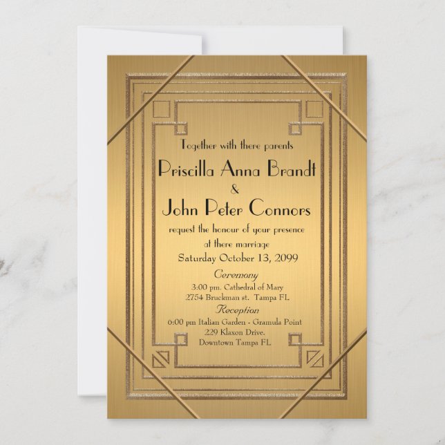 Wedding invitation card,Great Gatsby, gold & gold (Front)