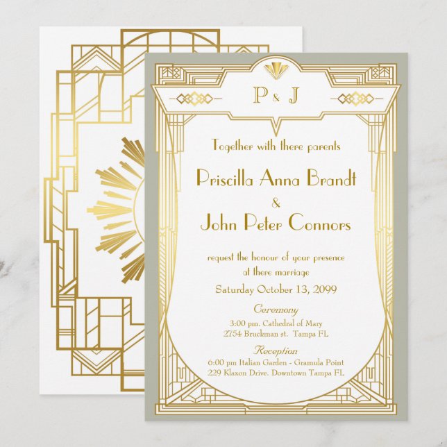 Wedding invitation card,Great Gatsby,gold grey (Front/Back)