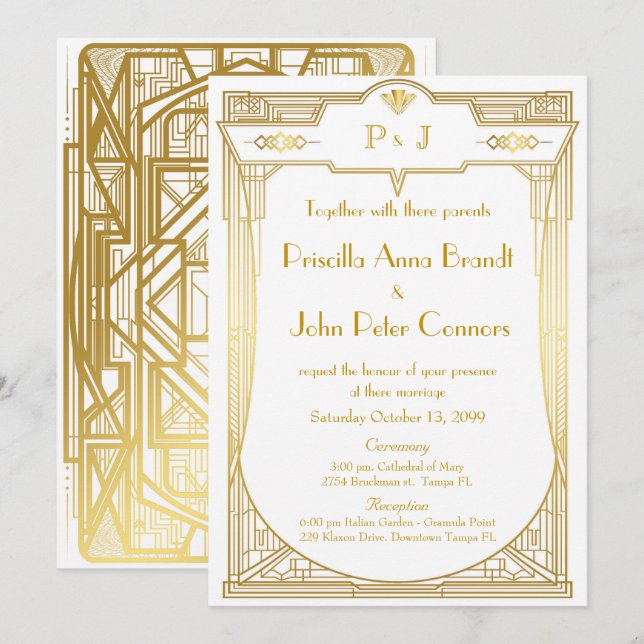 Wedding invitation card,Great Gatsby,gold white 2b (Front/Back)