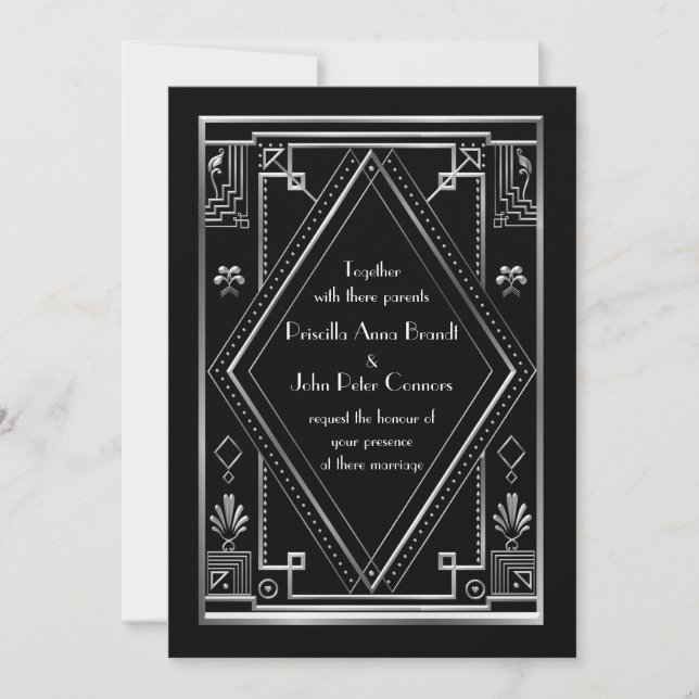 Wedding invitation card,Great Gatsby,silver, black (Front)