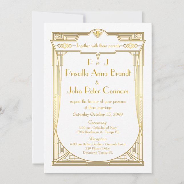Wedding invitation card,Great Gatsby, white, gold (Front)