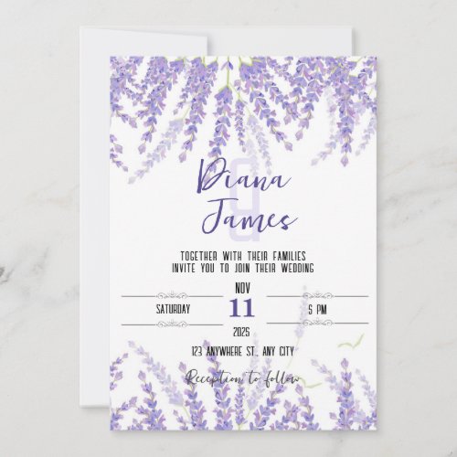 Wedding invitation card in lavender colors