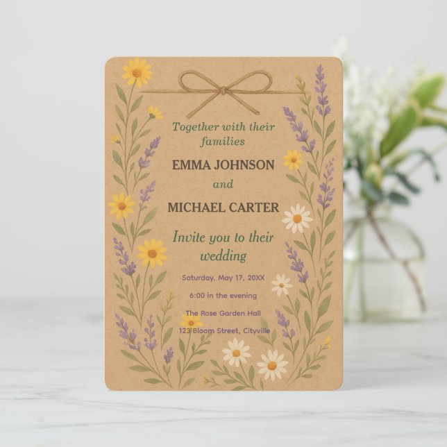 Wedding Invitation Card Rustic Wildflower  (Standing Front)