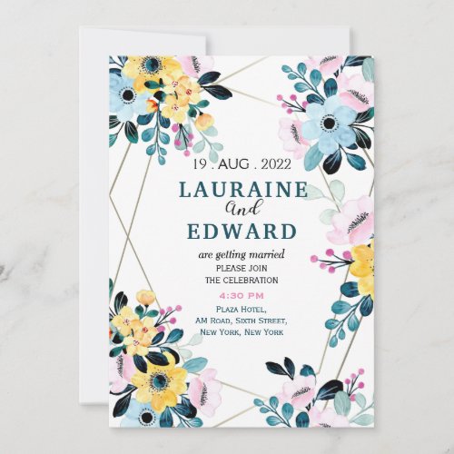 Wedding invitation card simple yellow blue floral