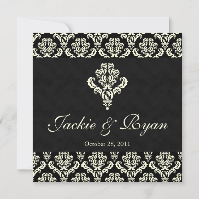 Wedding Invitation Chandelier Black Cream Damask (Front)