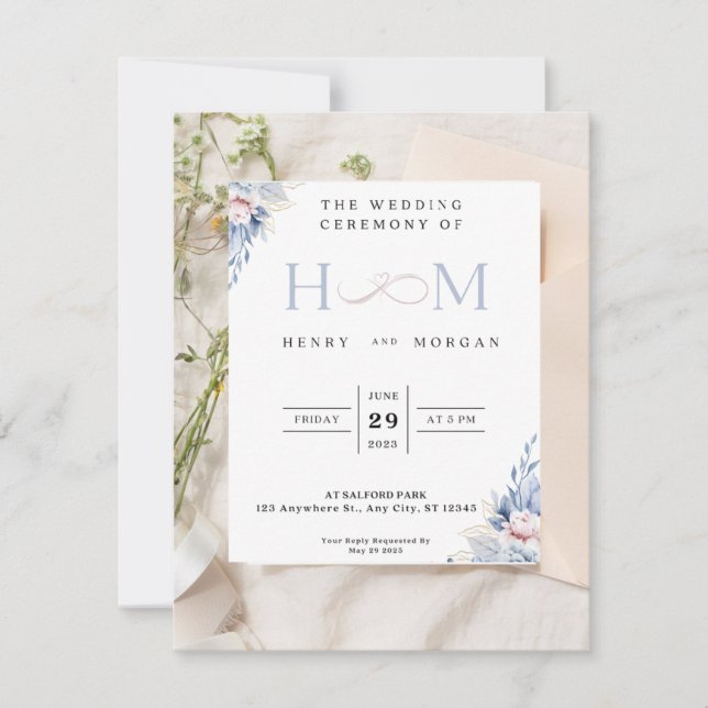 Wedding invitation, classic with blue flowers invitation (Front)