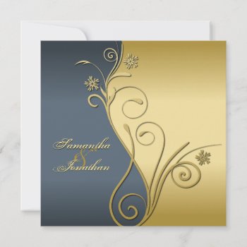 Wedding Invitation Classy Blue Gold Floral by OLPamPam at Zazzle
