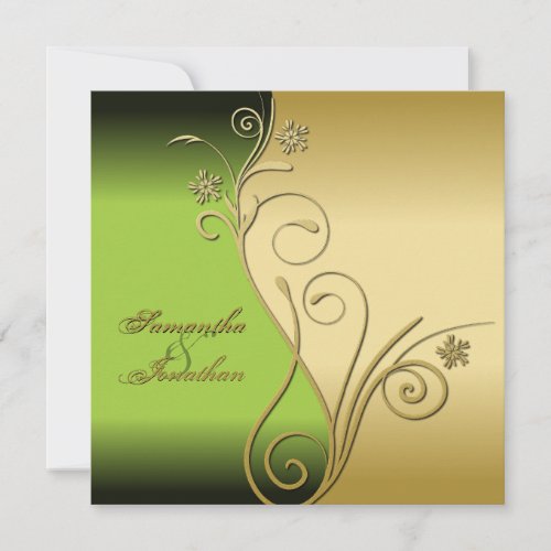 Wedding Invitation Classy Green Gold Floral Swirls