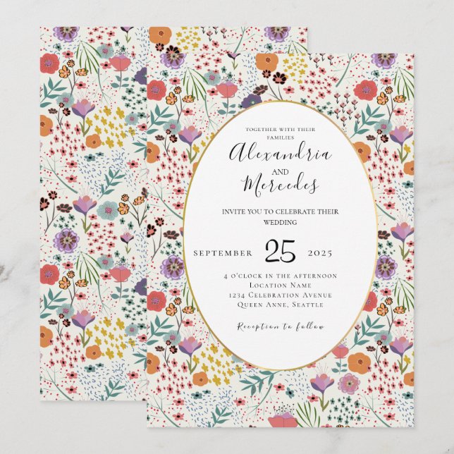 Wedding invitation colorful flowers Spring floral (Front/Back)