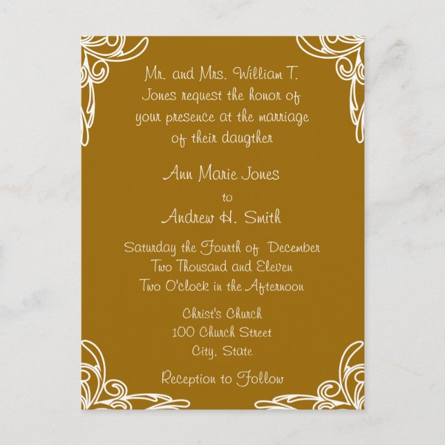 Wedding Invitation Corners Swirl on Carmel Postcard (Front)