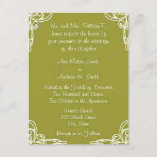 Wedding Invitation Corners Swirl on Olive Green Postcard
