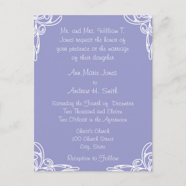 Wedding Invitation Corners Swirl on Periwinkle Postcard (Front)