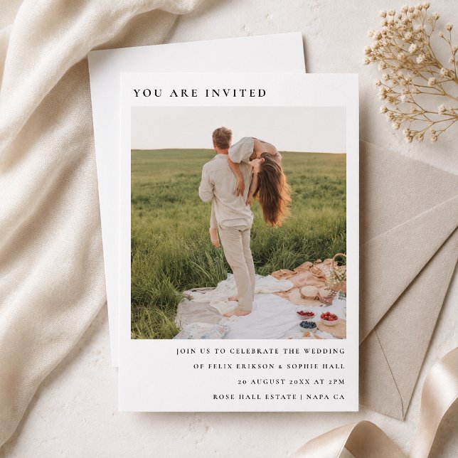Wedding Invitation | Custom Photo Minimal Invites (Custom photo wedding invitation with minimalist serif text for elegant ceremony details.)