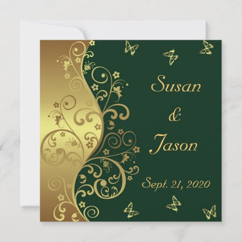 Wedding Invitation__Dark Green  Gold Swirls Invitation