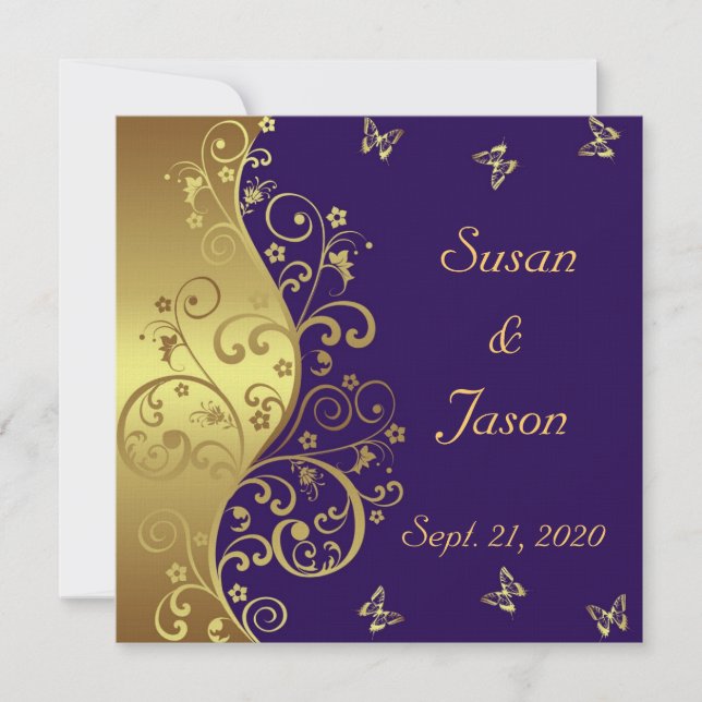 Wedding Invitation--Dark Purple & Gold Swirls Invitation (Front)