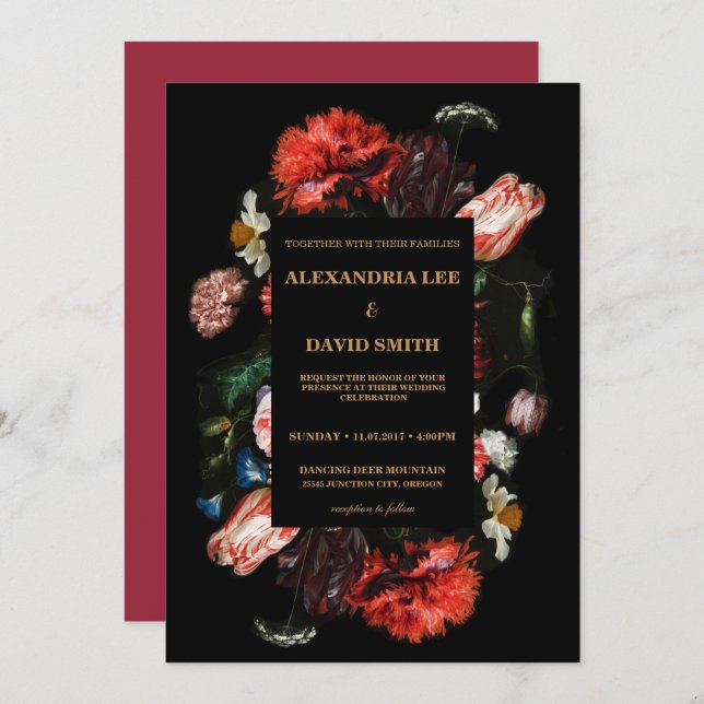 Wedding Invitation Dark Red Floral Black (Front/Back)