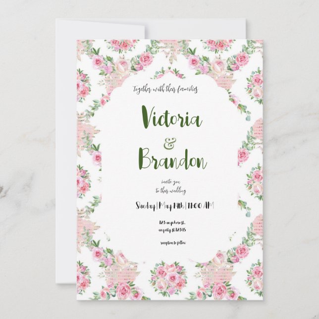 wedding invitation  decorated with pink flower EN (Front)