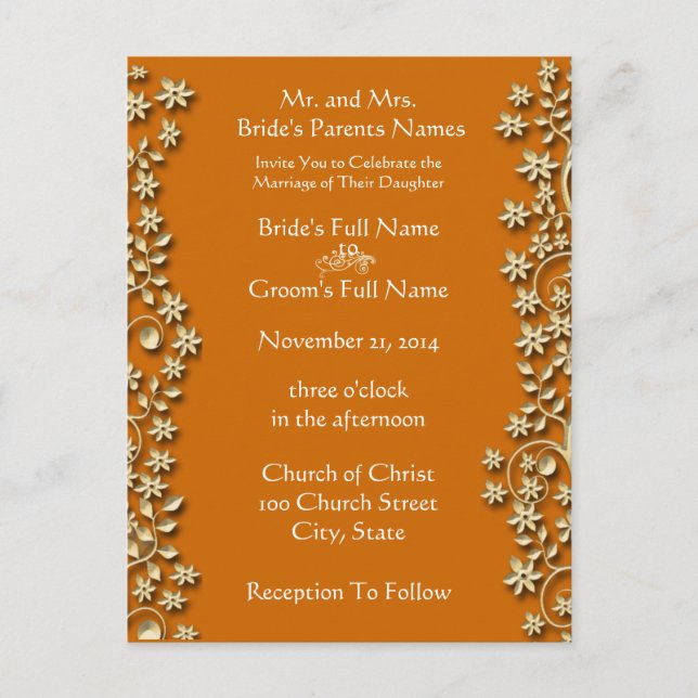 Wedding Invitation Deep Orange Swirls and Flowers Postcard (Front)
