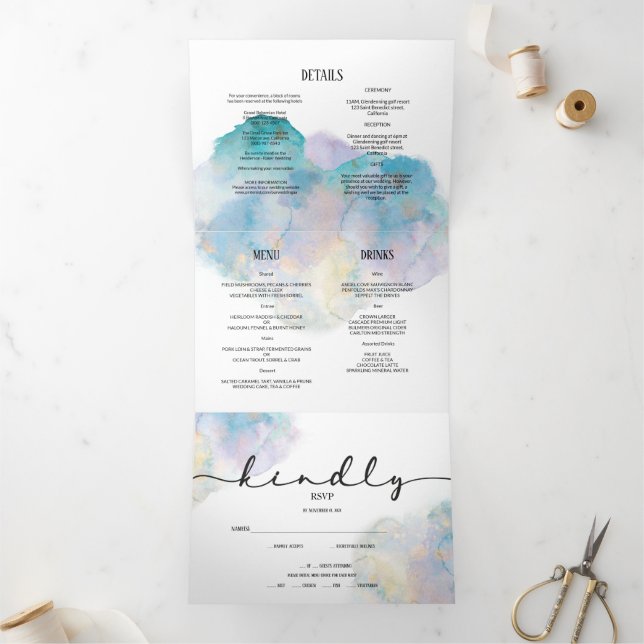 WEDDING invitation/details/menu/rsvp. Tri-Fold Card (Inside)