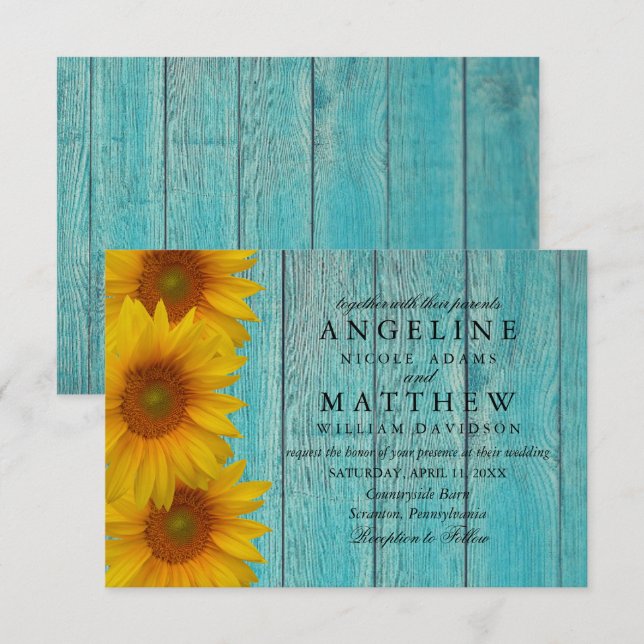 Wedding Invitation - Elegant Blue Rustic Sunflower (Front/Back)