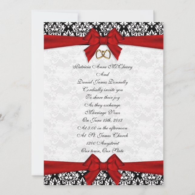 Wedding invitation elegant Damask with red bow (Front)