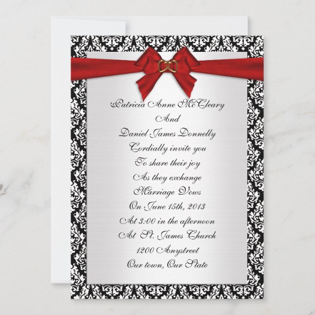 Wedding invitation elegant Damask with red bow (Front)