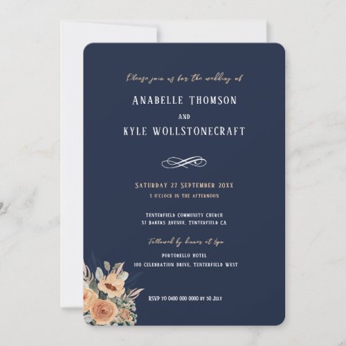 Wedding invitation _ Elegant floral dark navy blue