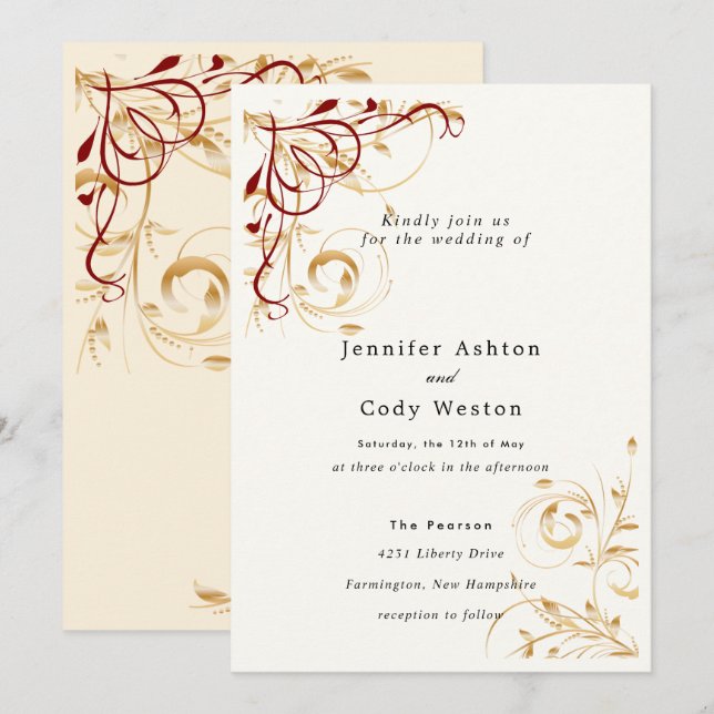 Wedding Invitation Elegant Gold Swirl Color Choice (Front/Back)