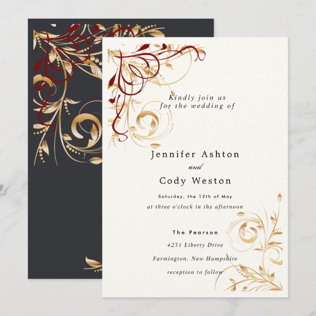 Wedding Invitation Elegant Gold Swirl Color Choice (Front/Back)
