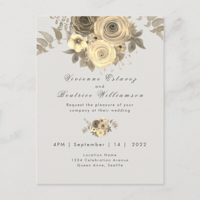 Wedding invitation elegant yellow rose pale grey postcard (Front)