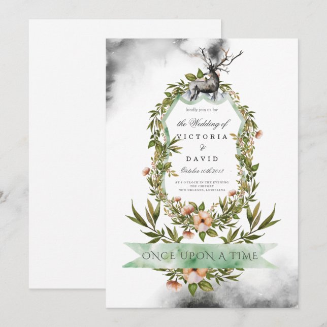 Wedding Invitation Enchanted Forest Stag Floral (Front/Back)
